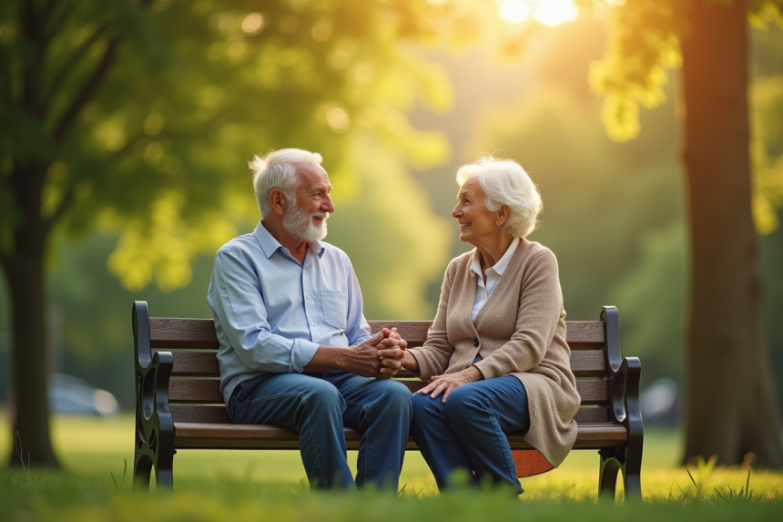Couple âgé souriant sur un banc dans le parc