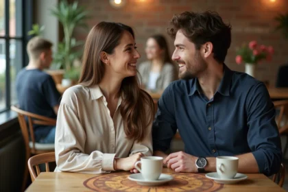 Couple complice dans un café consultant un tableau des signes astrologiques chinois autour d'un café