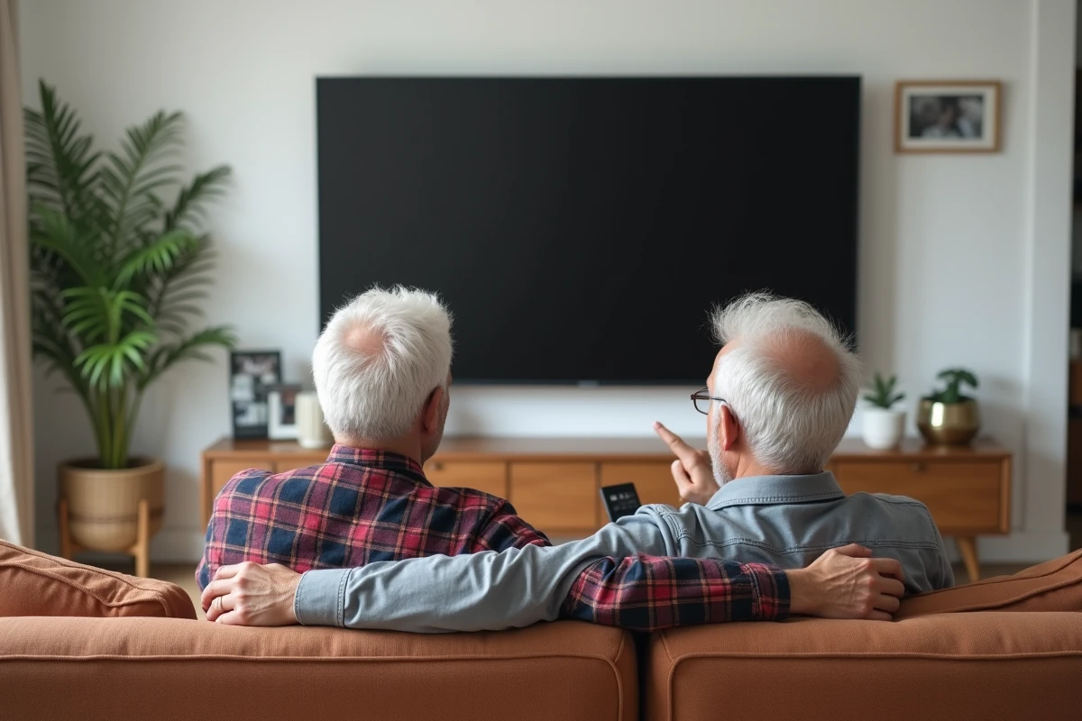 Couple choisissant ensemble un programme télévisé l'après-midi dans leur salon, tenant une télécommande et discutant devant la télévision