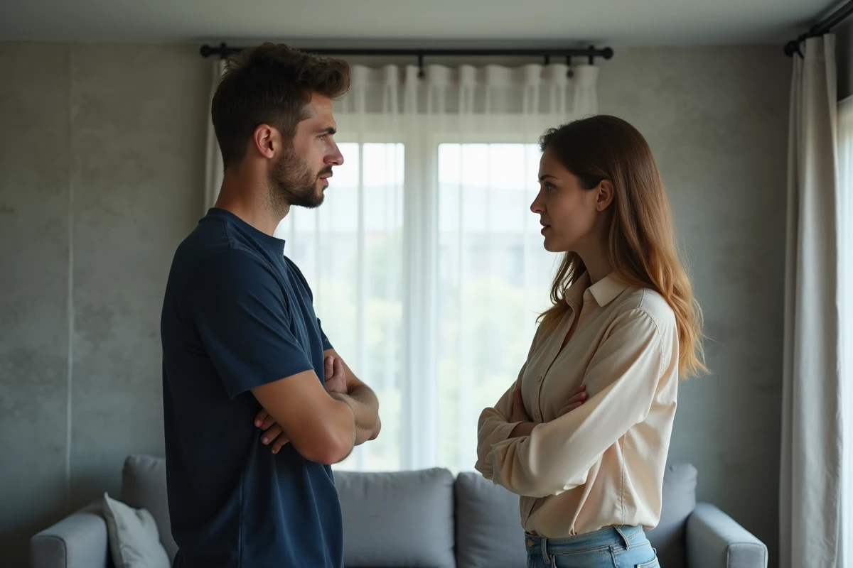 Couple en conflit dans un appartement moderne, langage corporel fermé et tension palpable, symbolisant une relation amoureuse toxique entre âmes sœurs