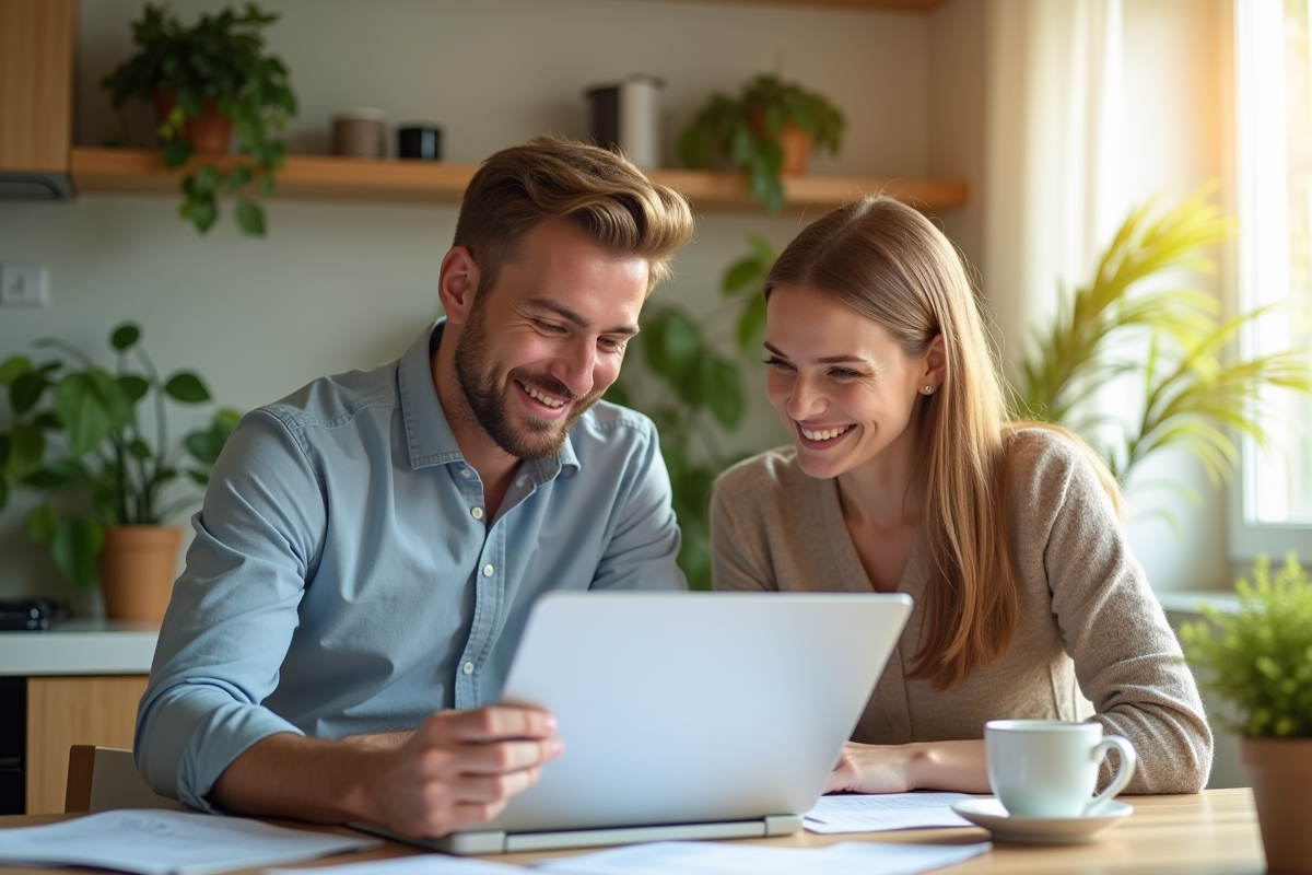 Jeune couple souriant examinant des documents immobiliers