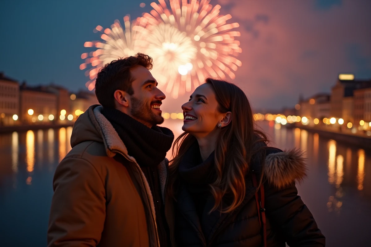 Couple regardant le feu d'artifice du Nouvel An depuis un pont de Lyon en 2026