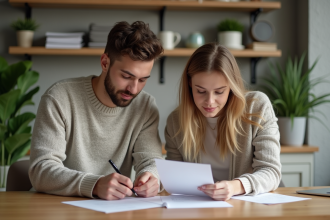 Jeune couple remplissant des papiers administratifs à la maison