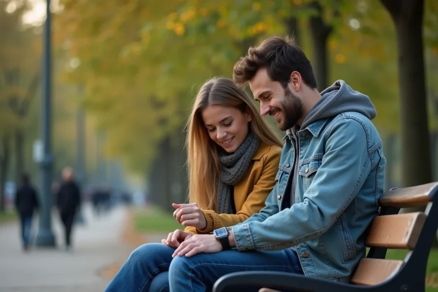 Jeune couple assis sur un banc dans un parc en soirée