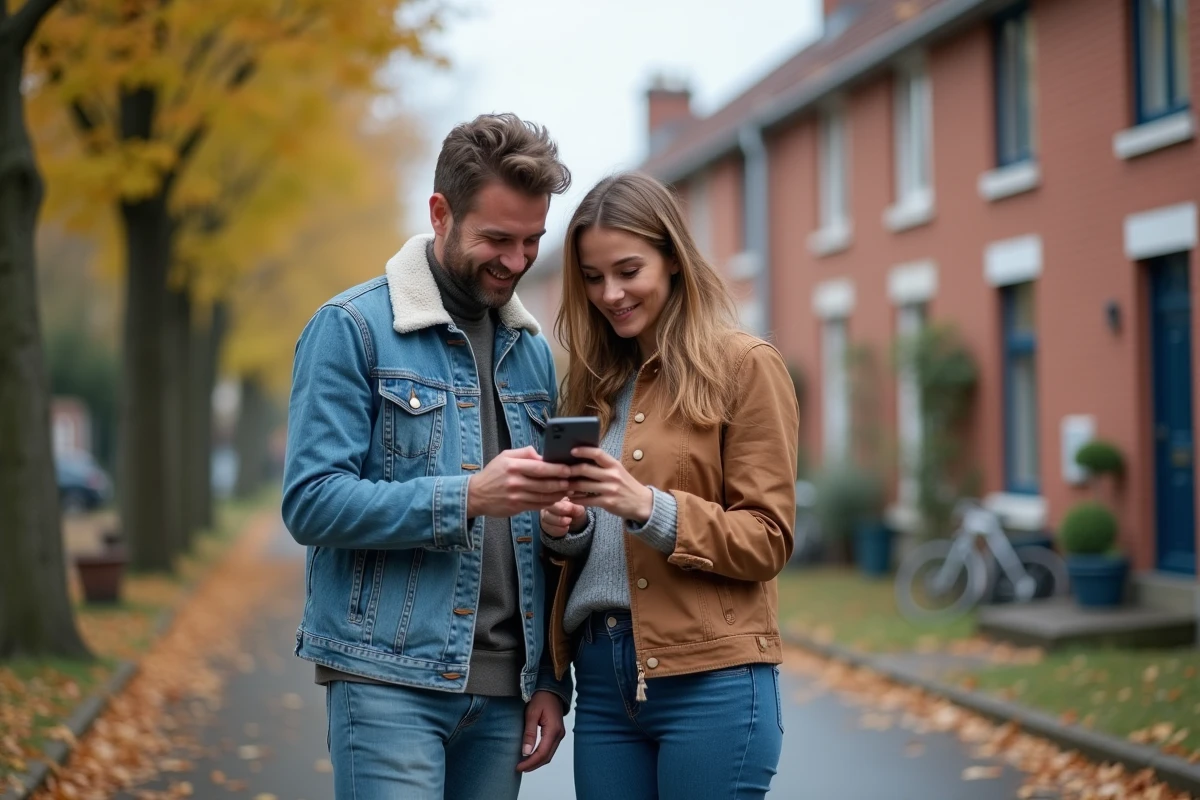 Couple consultant sabradou62 sur smartphone pour planifier une visite de brocante dans le Nord