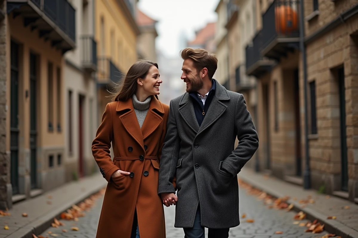 Couple complice se promenant main dans la main en automne évoquant la compatibilité amoureuse selon l'astrologie chinoise