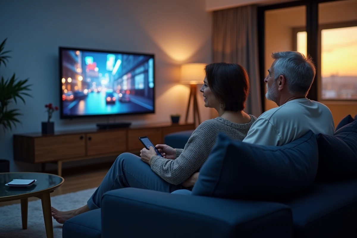 Couple regardant un programme TNT ensemble dans leur salon le soir