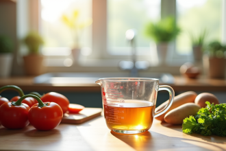Verre doseur de cuisine rempli à 30 cl avec ingrédients frais