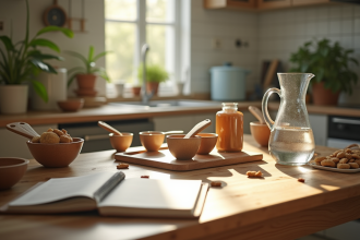 Table de cuisine en bois avec ustensiles et carnet de recette