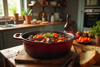 Table de cuisine rustique avec carbonade de boeuf en cours
