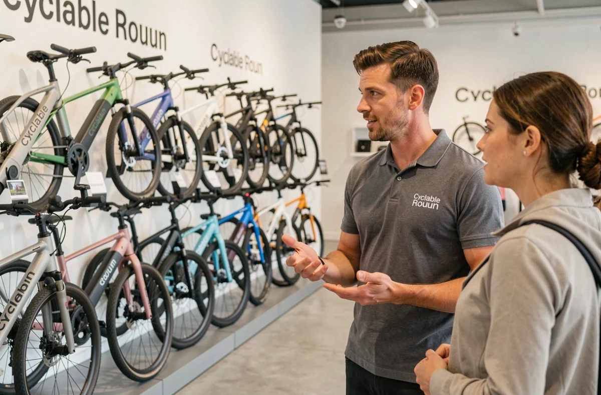 Intérieur du magasin Cyclable Rouen avec un conseiller présentant des vélos électriques haut de gamme à des clients