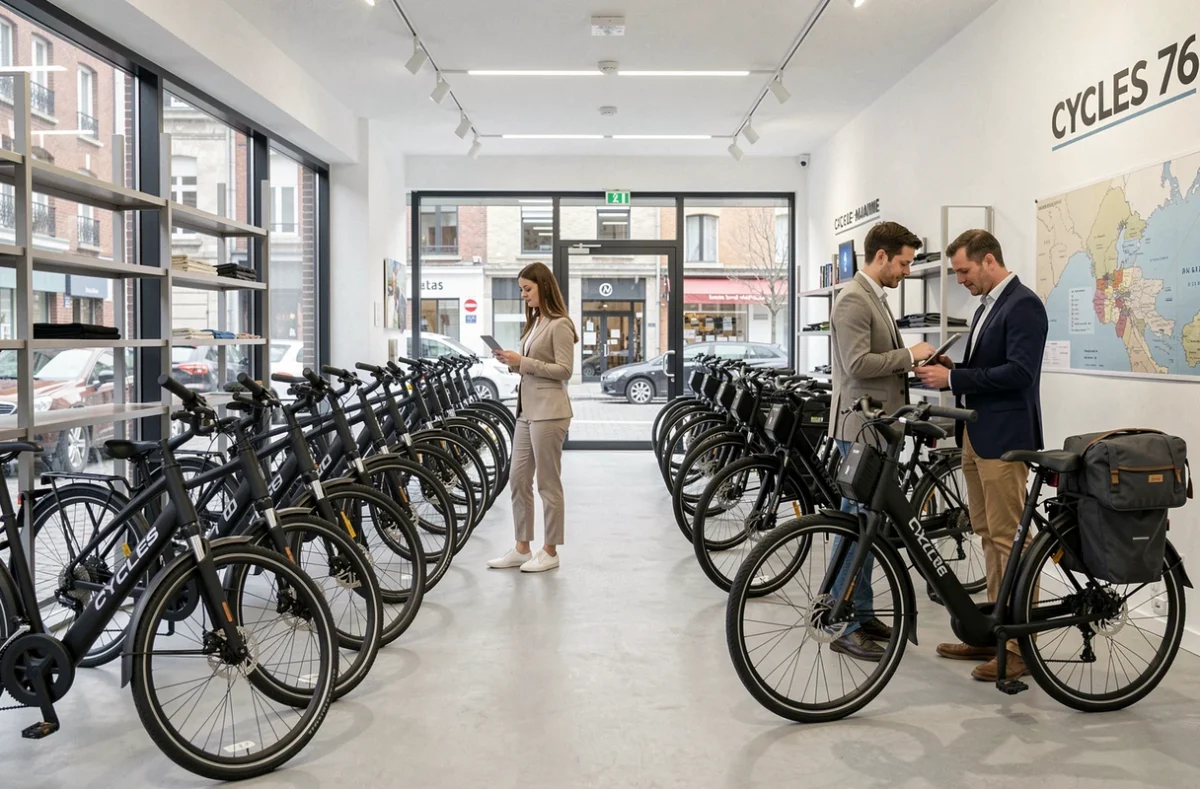 Intérieur du magasin Cycles 76 avec des vélos électriques alignés et une vendeuse aidant un client à choisir son modèle