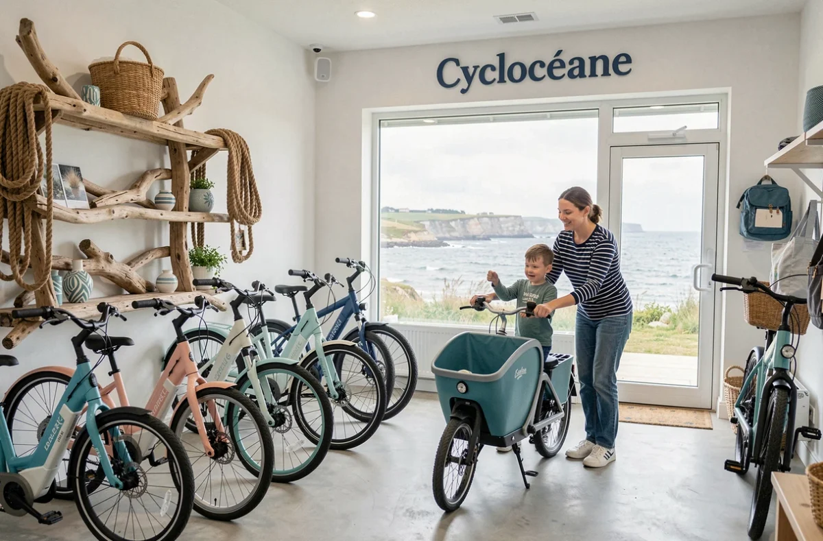 Boutique Cyclocéane avec des vélos électriques aux couleurs marines et une vendeuse aidant un client dans un décor côtier normand