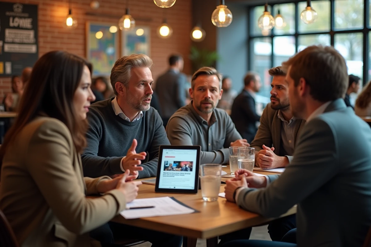 Groupe en discussion dans un café urbain animé