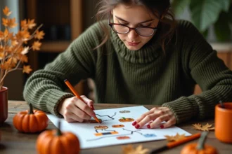 Jeune femme dessinant des personnages pixel art d'Halloween sur du papier quadrillé entourée de décorations automnales