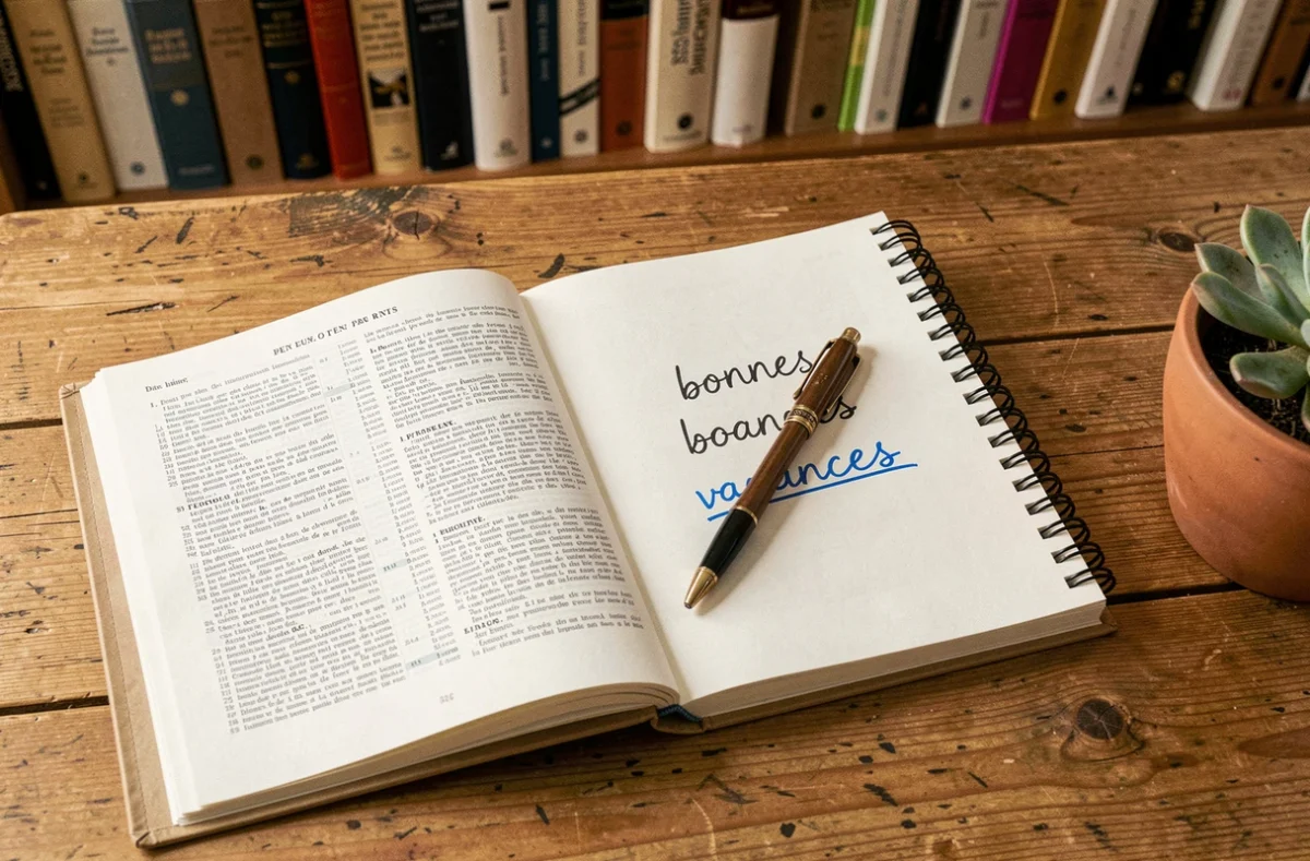Dictionnaire français ouvert et carnet avec la phrase bonnes vacances écrite à la main sur un bureau en bois