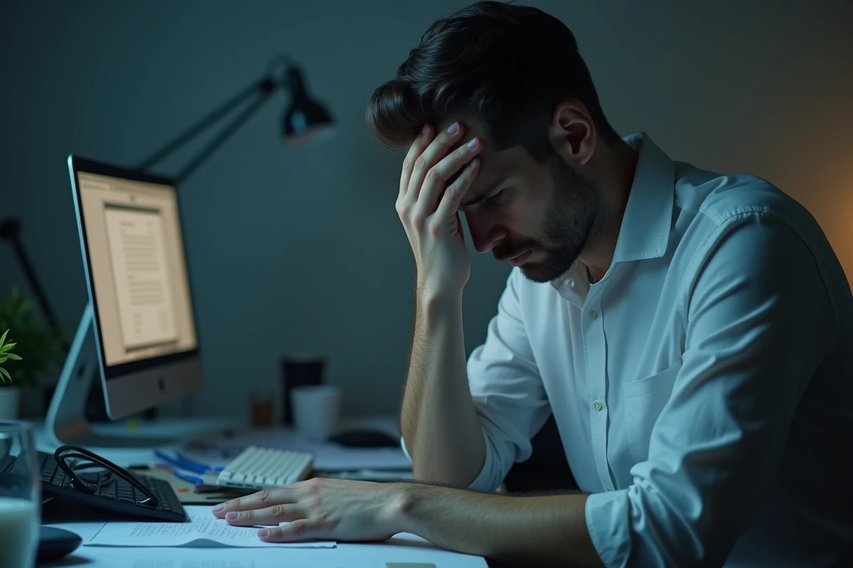 Portrait d'un homme épuisé face à un dilemme moral dans un bureau minimaliste, évoquant la pression du pouvoir et les choix éthiques