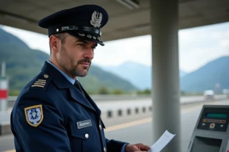 Douanier français en uniforme contrôlant des documents à un poste frontière entre la France et Andorre