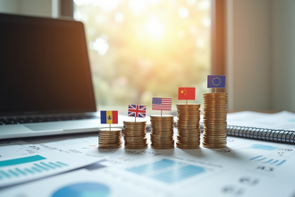 Drapeaux européens sur des pièces de monnaie en hausse