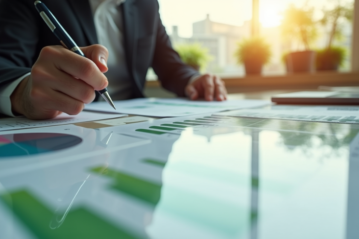 Graphiques financiers verts et icônes écologiques sur un bureau moderne