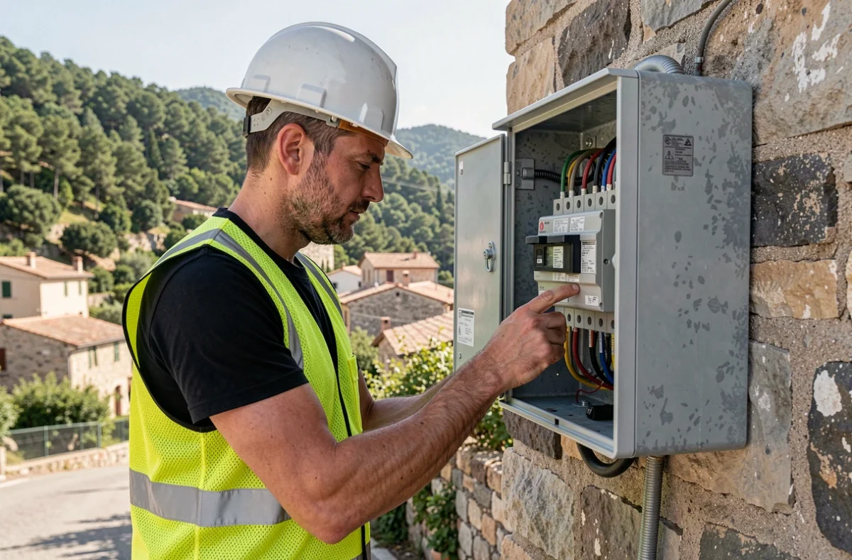 Électricien inspectant une armoire de distribution électrique extérieure dans un cadre de village perché près de Tourrette-Levens pour EDP Energy