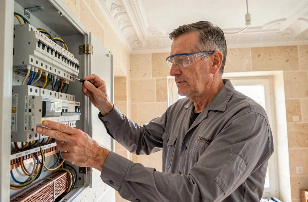 Électricien généraliste inspectant un tableau électrique dans un appartement classique à Aix-en-Provence pour E.G.E.C