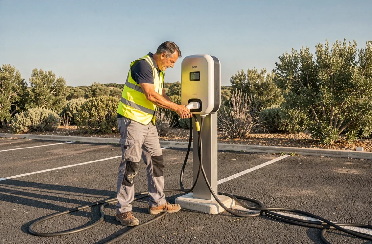 Électricien installant une borne de recharge pour véhicule électrique IRVE dans un parking en extérieur dans les Bouches-du-Rhône pour EMD Bornes de Recharge