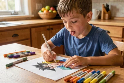 Enfant coloriant un dessin Dragon Ball Z simple à la table de cuisine avec des feutres colorés