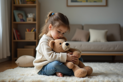Jeune fille en pull doux et jeans avec peluche dans un salon