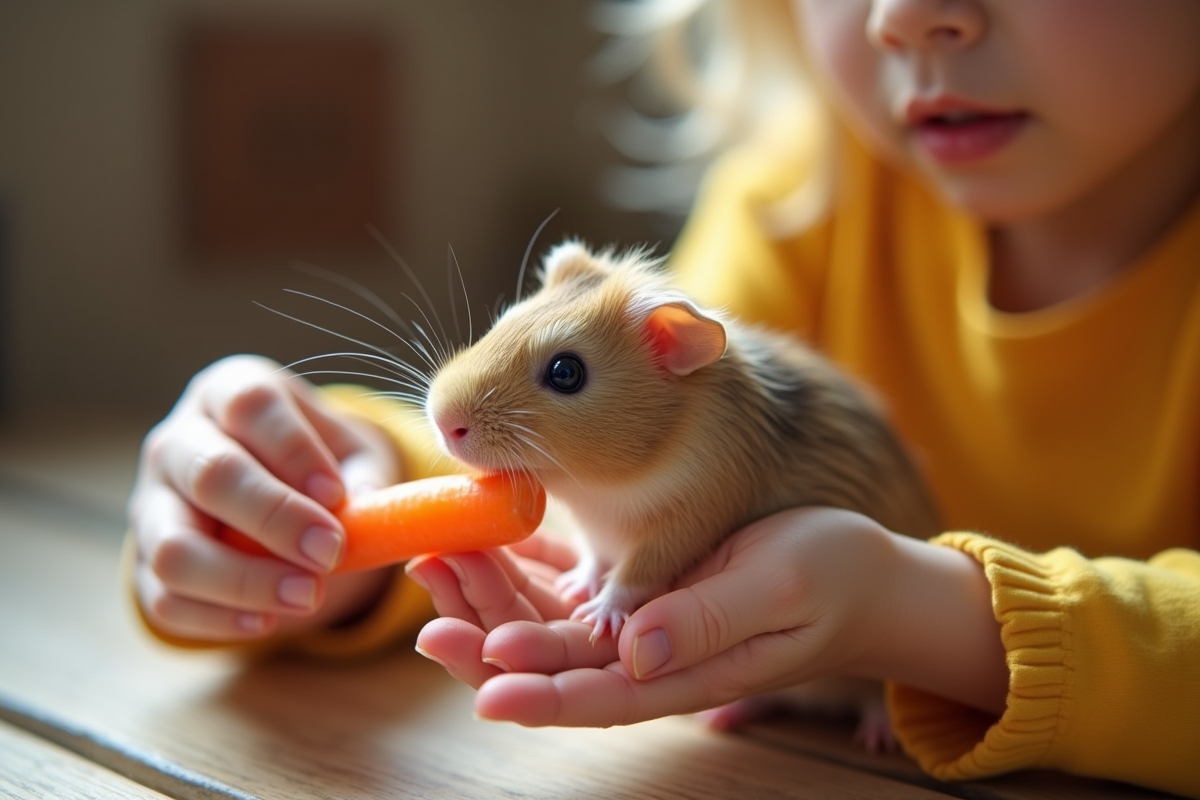 Enfant donnant une carotte à un cochon d