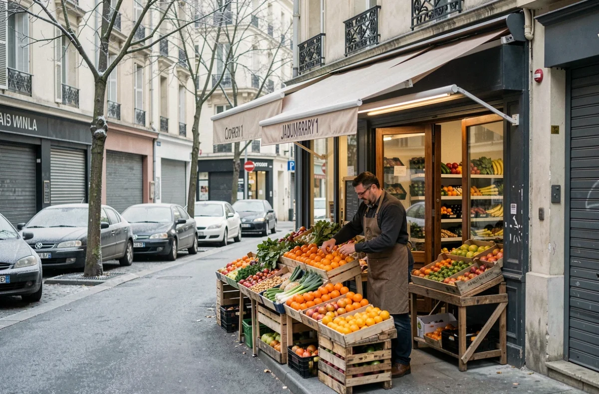 Épicerie de quartier ouverte le 1er janvier avec des fruits et légumes exposés devant la boutique dans une rue calme de ville française