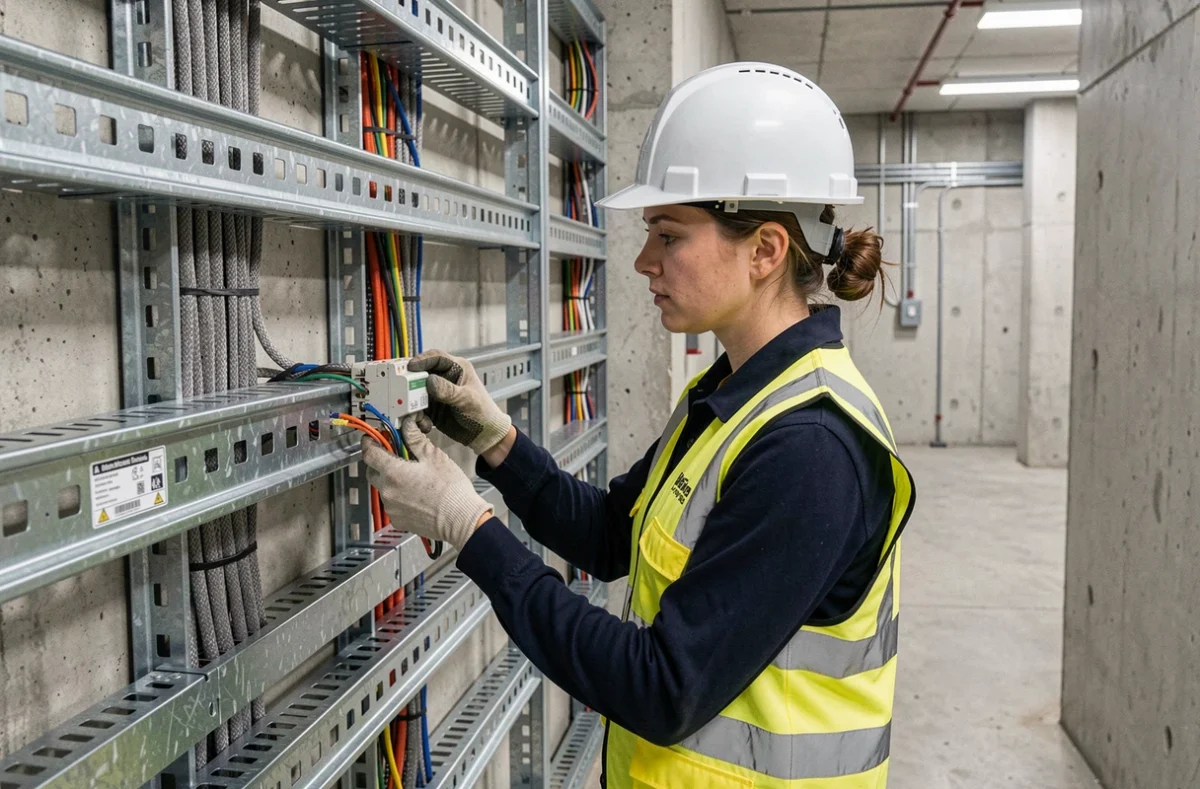 Technicienne électricienne travaillant sur un système de câblage courants forts et faibles dans un bâtiment commercial en PACA pour EPSI