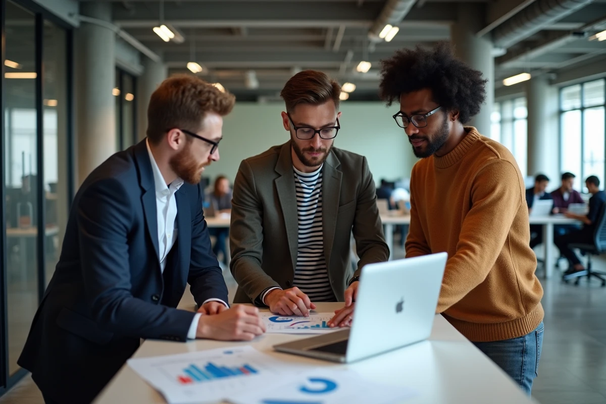 Équipe de professionnels des médias analysant l'évolution d'un blog tech dans un espace de coworking contemporain