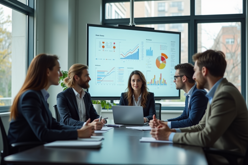 Groupe de professionnels dans un bureau moderne avec tableau digital