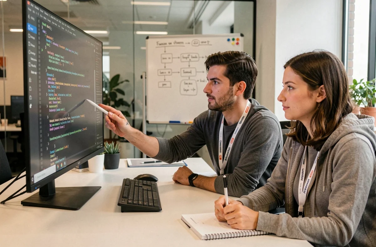 Deux développeurs speedrunners collaborant devant un écran ultrawide dans un bureau startup avec tableau blanc d'algorithmes