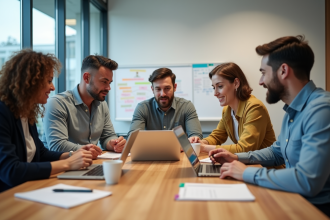 Cinq collègues divers en réunion de travail en bureau moderne
