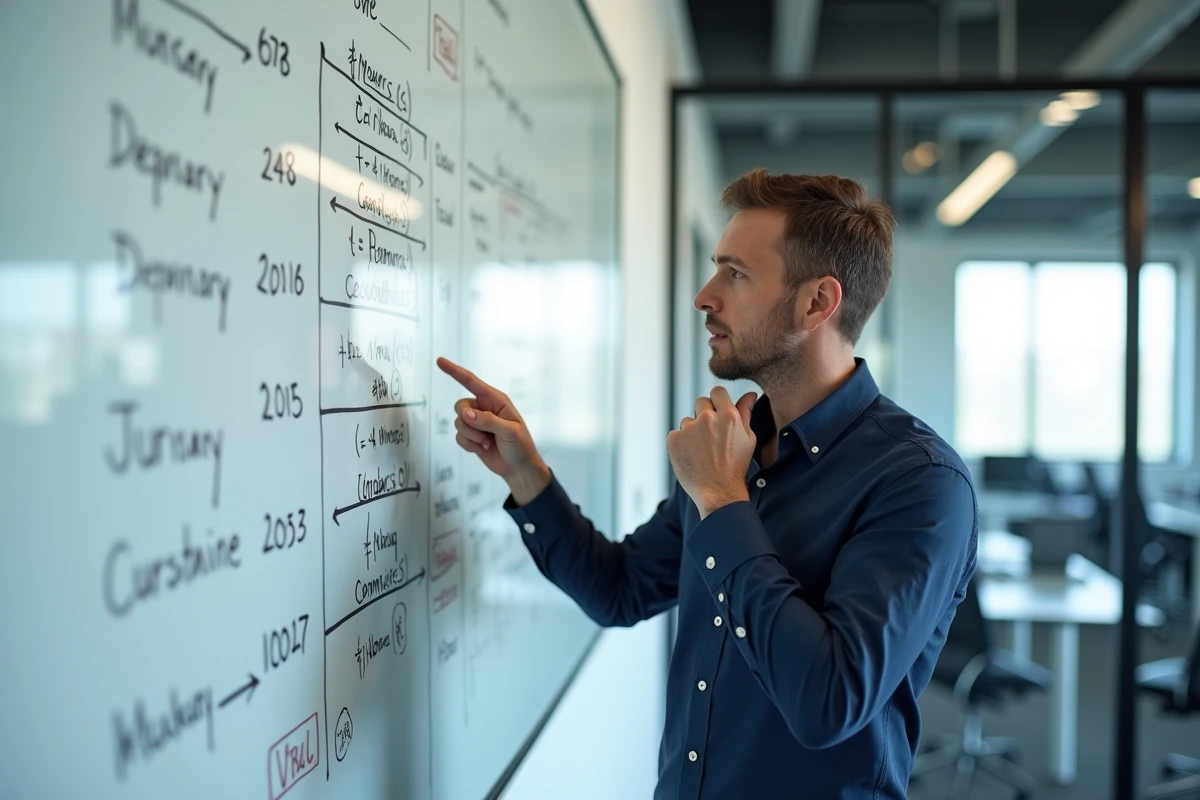 Homme d'affaires pointant une timeline de dates sur un tableau blanc dans une salle de réunion professionnelle
