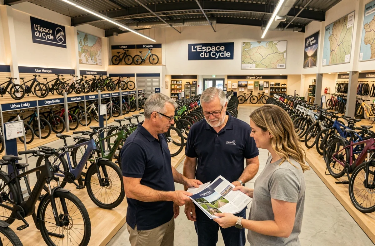Vaste showroom de L'Espace du Cycle avec un conseiller expert présentant des vélos électriques à un couple dans un magasin spécialisé bien organisé