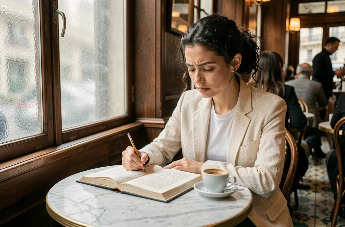 Jeune femme annotant un livre de Kierkegaard dans un café parisien avec un espresso