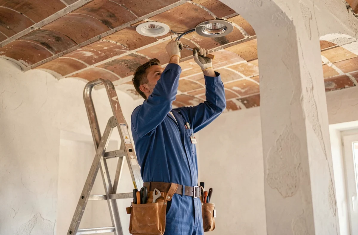 Électricien installant des spots encastrés dans une maison méditerranéenne rénovée à Toulon pour EURL Cel'Elec