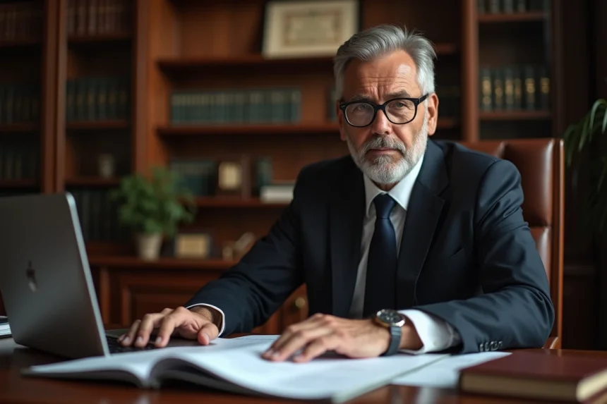 Expert juridique homme lisant des documents légaux dans son bureau