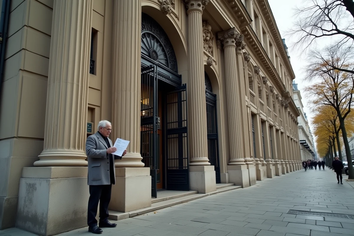 Façade classique d'un bâtiment institutionnel français avec un homme consultant un document devant des grilles en fer forgé à Paris