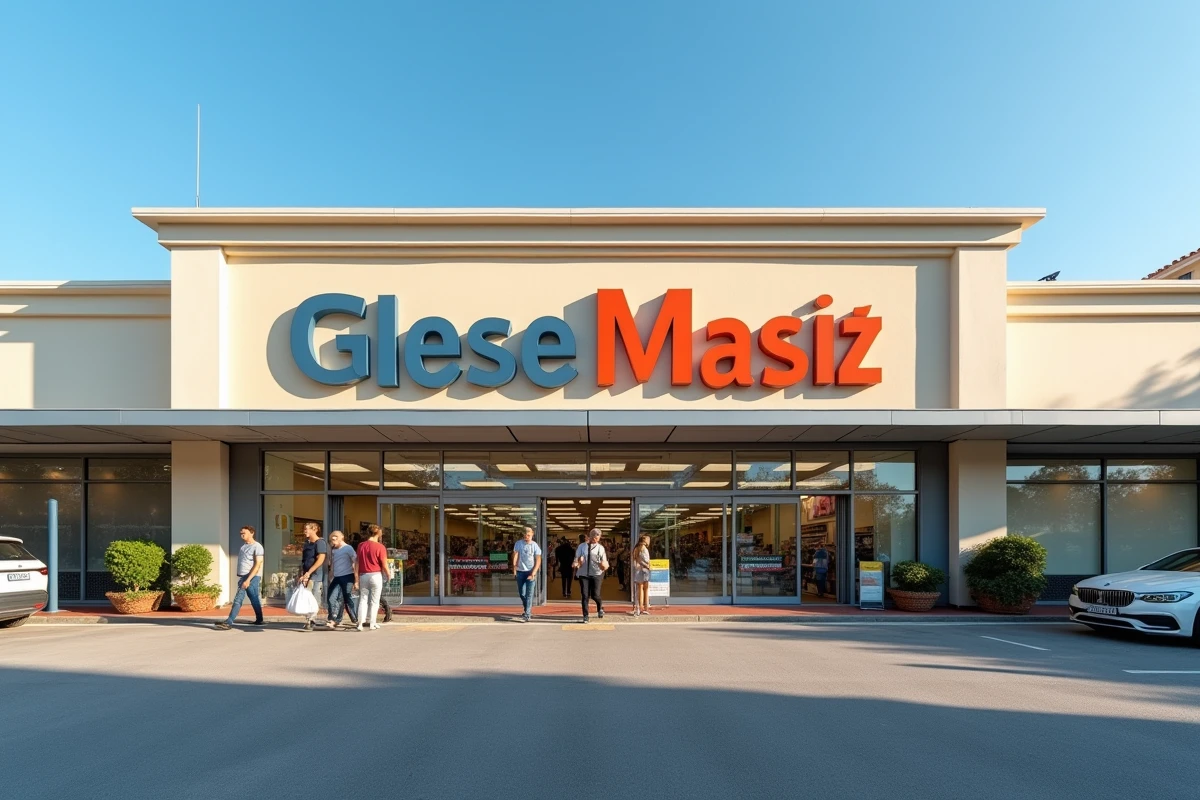Façade d'un supermarché ouvert le dimanche matin à Montpellier avec des clients à l'entrée