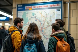 Famille étudiant une grande carte RER Île-de-France dans une gare parisienne
