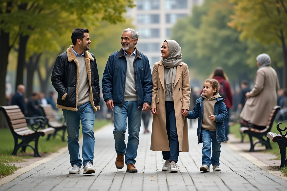 Famille multigenerations marchant dans un parc urbain