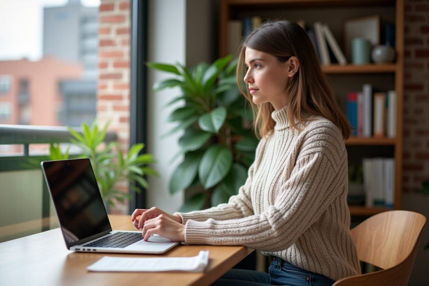 Femme réfléchissant à l'achat immobilier dans un appartement moderne