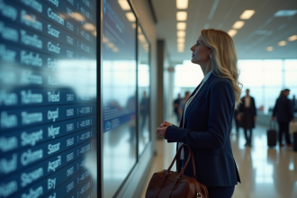 Femme d'affaires regardant le tableau des départs à l'aéroport