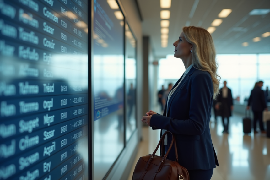 Femme d'affaires regardant le tableau des départs à l'aéroport