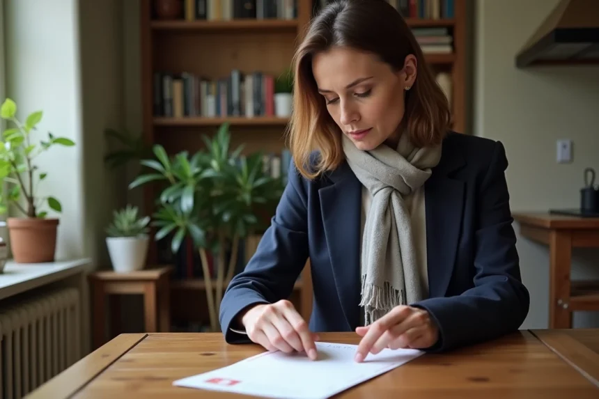 Femme en blazer navy affranchissant une lettre dans une cuisine chaleureuse