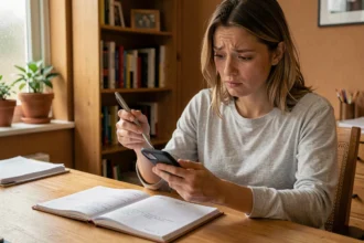 Femme consultant son smartphone et un agenda papier avec des annotations AM PM pour comprendre le format horaire